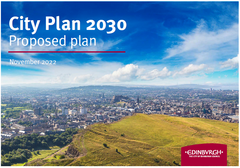Front Cover of City Plan 2030 - A view accross Edinburgh on a sunny day from the Crags.