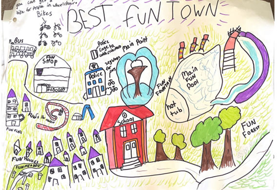 A child's vision of West Edinburgh in the future title "Best Fun Town". Features a lot of brightly coloured trees and grass. At the centre is a school and a water fountain, surrounded by a swimming pool, housing, play areas and shops.